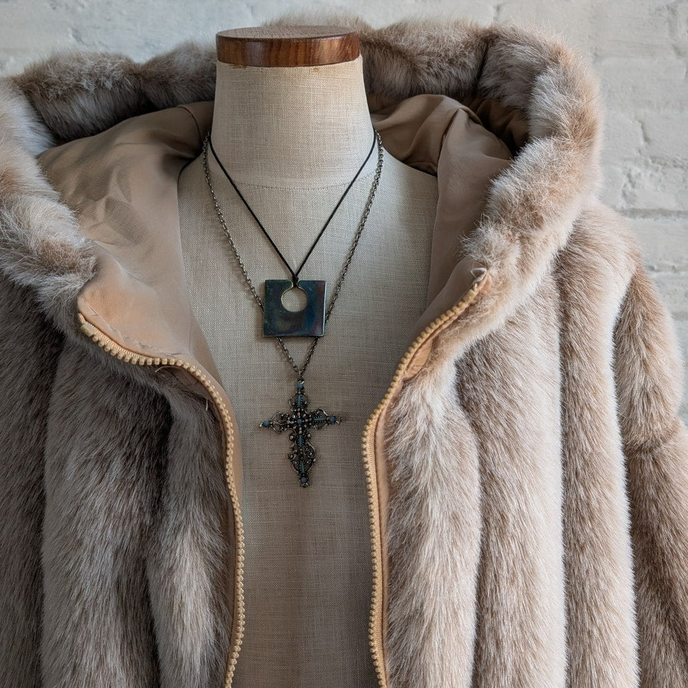 Vintage Faux Fur Neutral Plush Coat Mob Wife Furry Cozy Glam Fuzzy Jacket