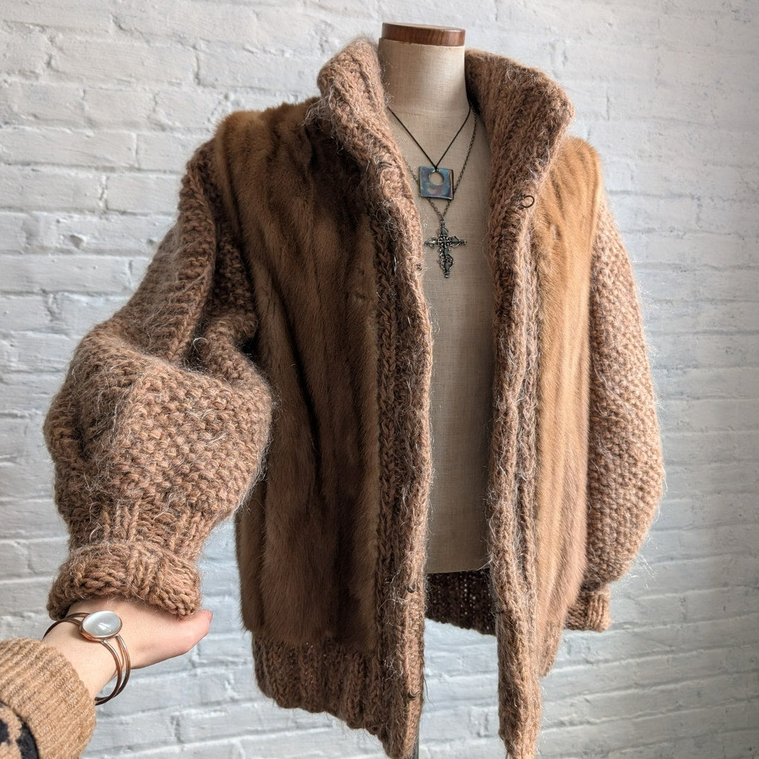 Vintage Chunky Knit Mink Fur Coat Mohair Sweater Vest Minimalist Boho Jacket