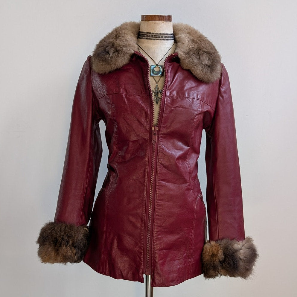 Vintage Red Leather Jacket Penny Lane Fur Trim Coat Grunge Boho Bomber Medium