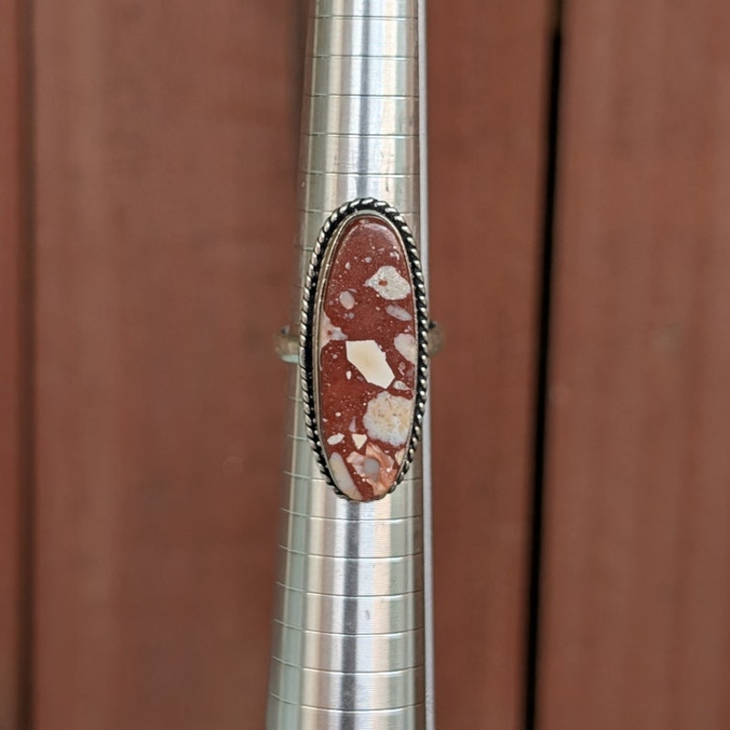 Red Oval Boho Ring Silver Statement Ring Groovy Vintage Southwest Rusty Size 8.5