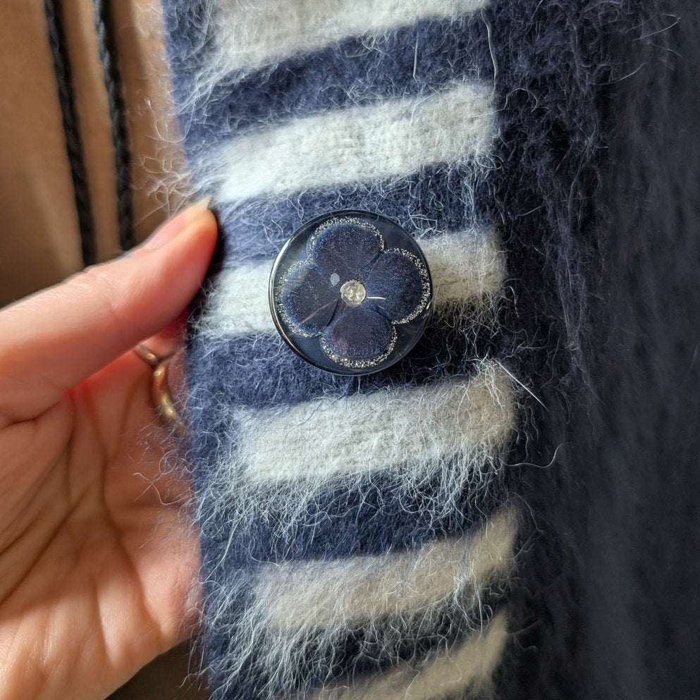 Vintage Blue Stripe Knit Sweater Jacket Furry Mohair Cardigan Granny Coat Medium