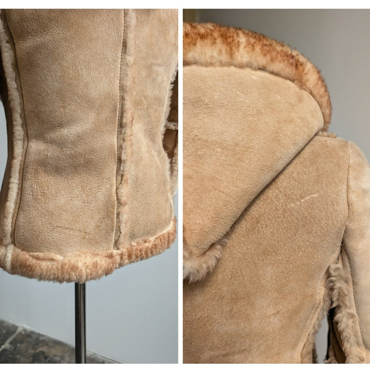 Vintage Tan Suede Shearling Coat Brown Wool Jacket Boho Chic Fur Coat Hood XS