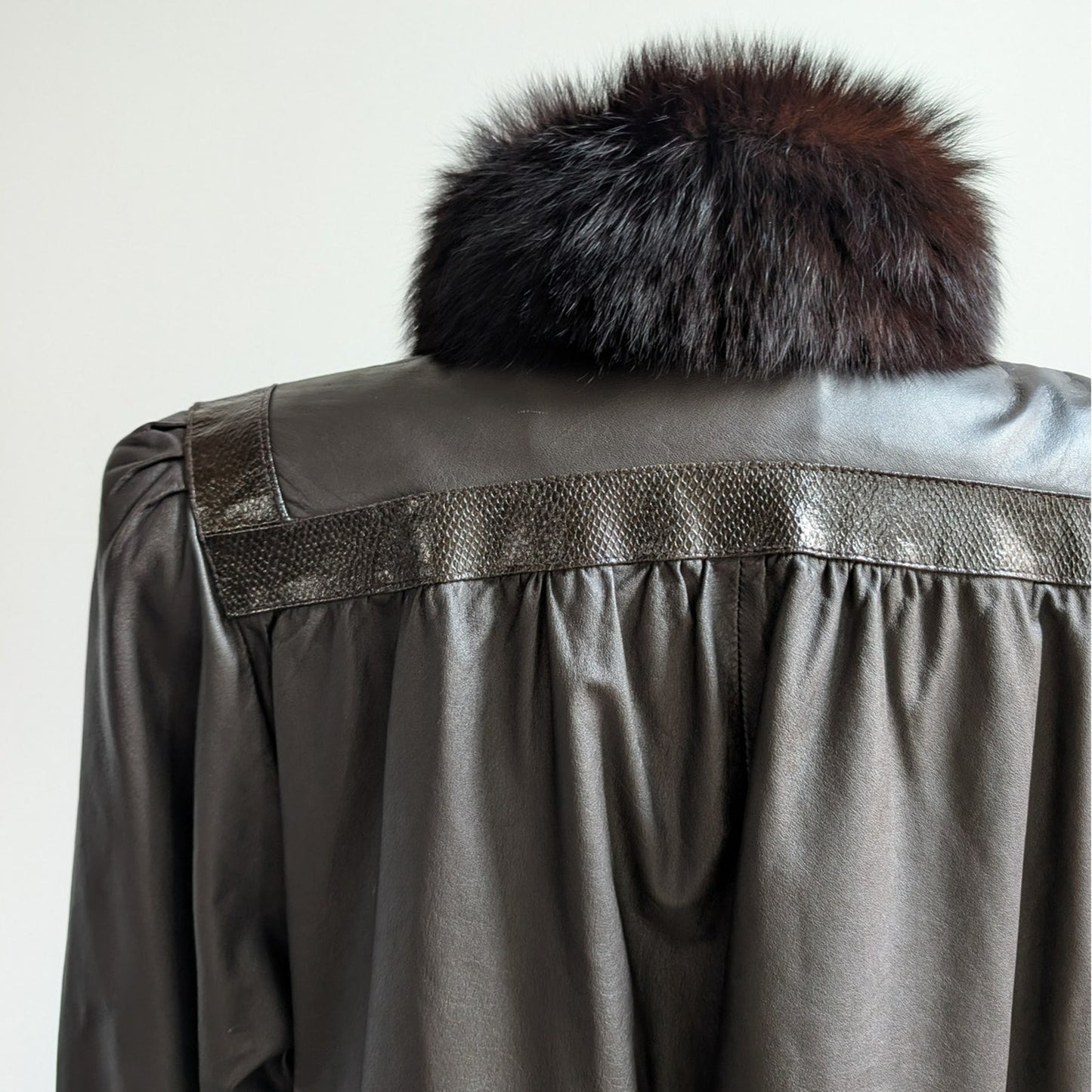Vintage Black Leather Trench Coat Fur Penny Lane Jacket Goth Minimalist Large