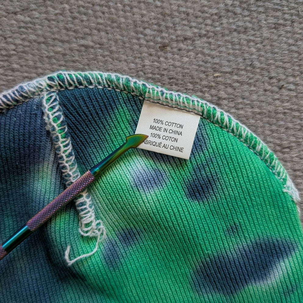 Tie Dye Beanie Green Blue Cotton Knit Festival Hat Embroidered Exit Bellingham
