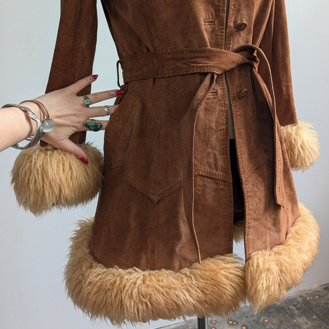 Vintage Brown Suede Coat Penny Lane Jacket Leather Trench Fur Coat Afghan Small