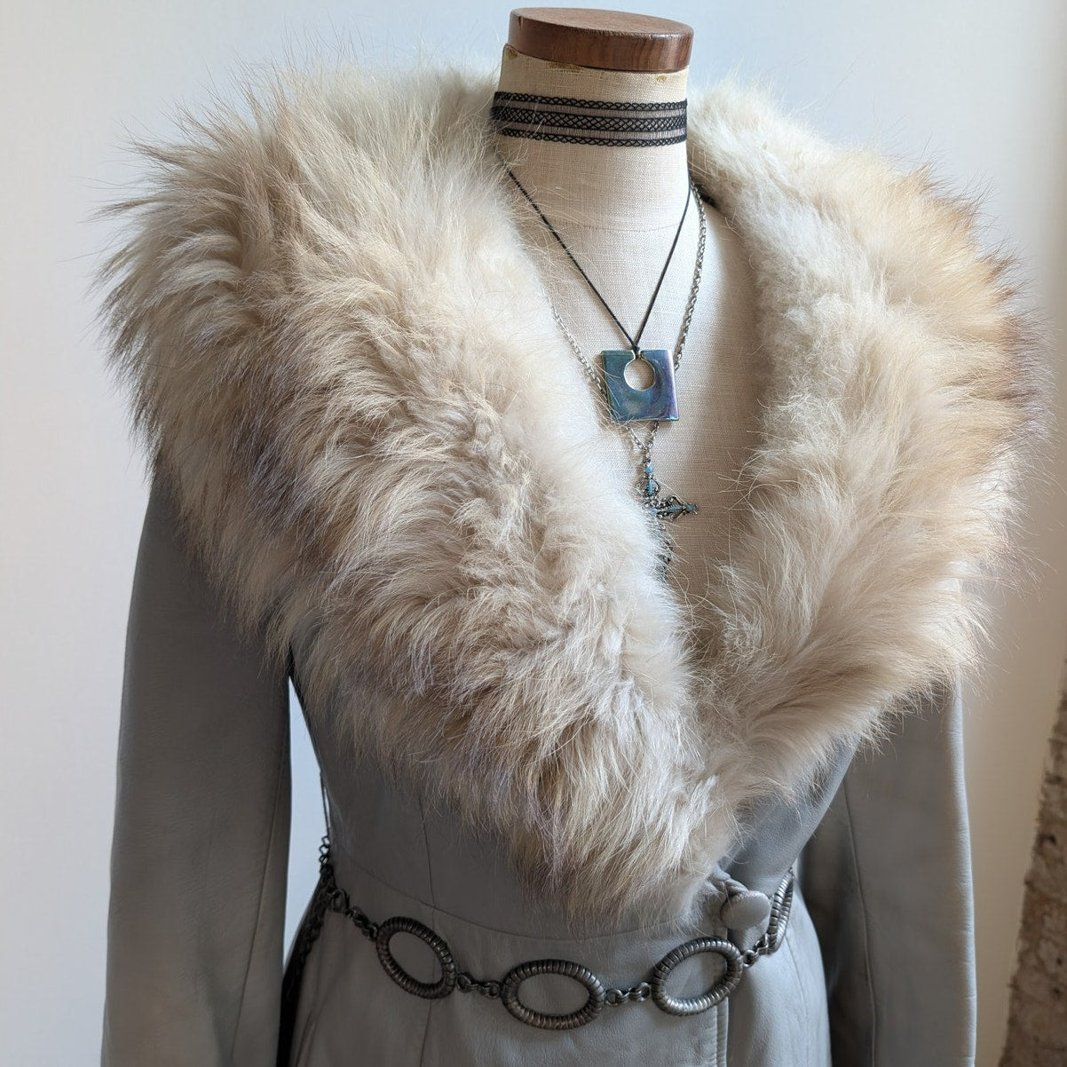 Vintage Leather Penny Lane Coat Grey Cream Fur Trim Trench Afghan Jacket Medium