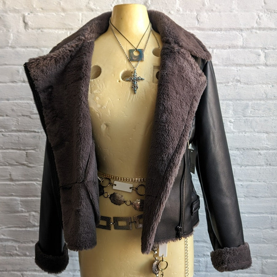 Y2K Black Faux Leather Faux Fur Moto Jacket Bomber Minimalist Grunge Biker Coat