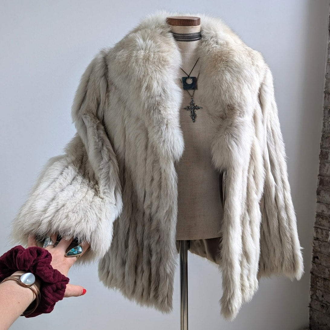 Vintage White Fluffy Fox Fur Coat Furry Glam Mobwife Ski Luxury Jacket Small