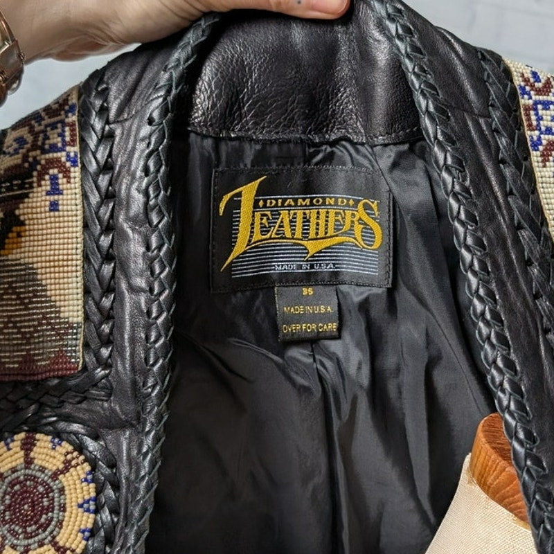 Vintage Black Leather Biker Vest Western Cowboy Fringe Vest Beaded Top Medium