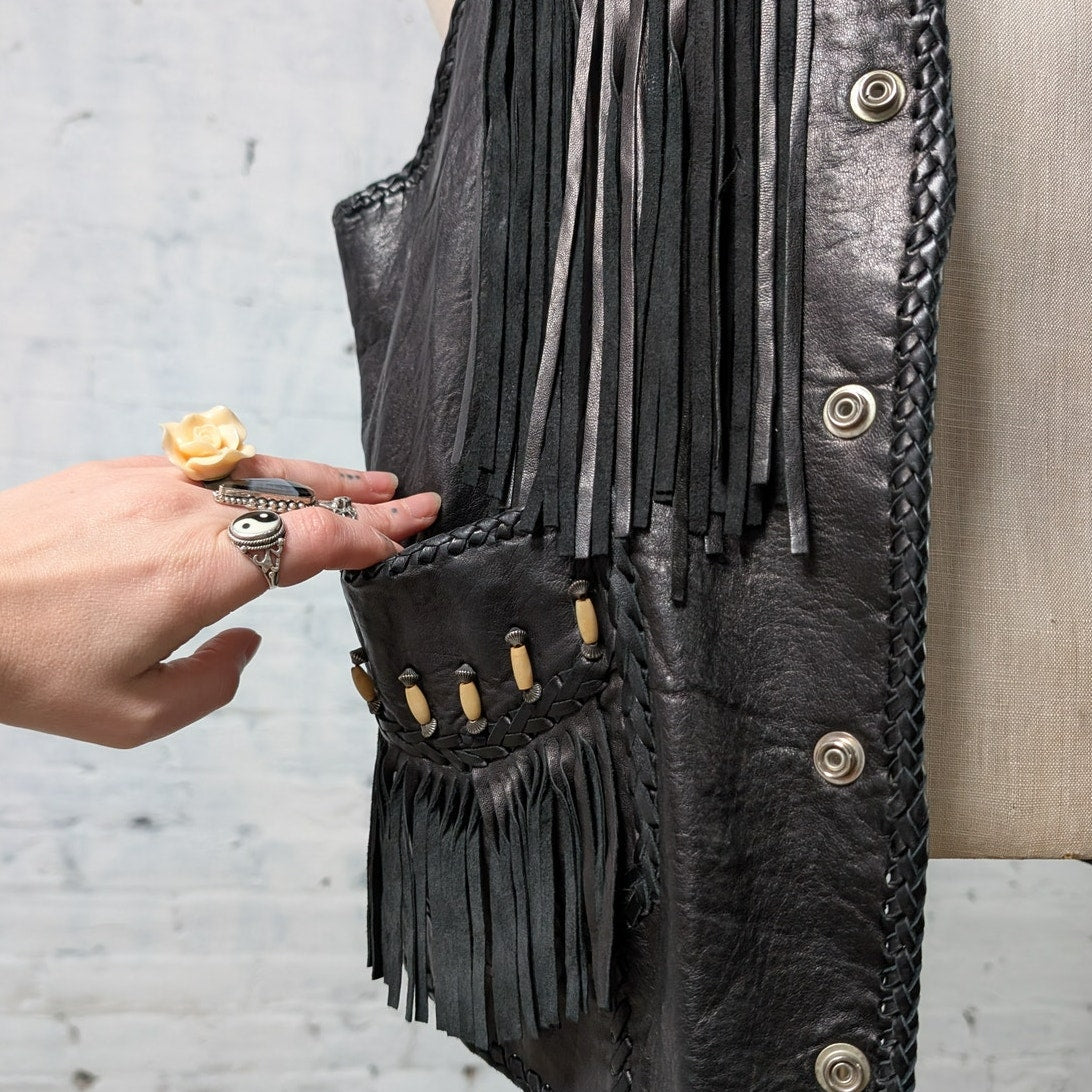 Vintage Black Leather Biker Vest Western Cowboy Fringe Vest Beaded Top Medium