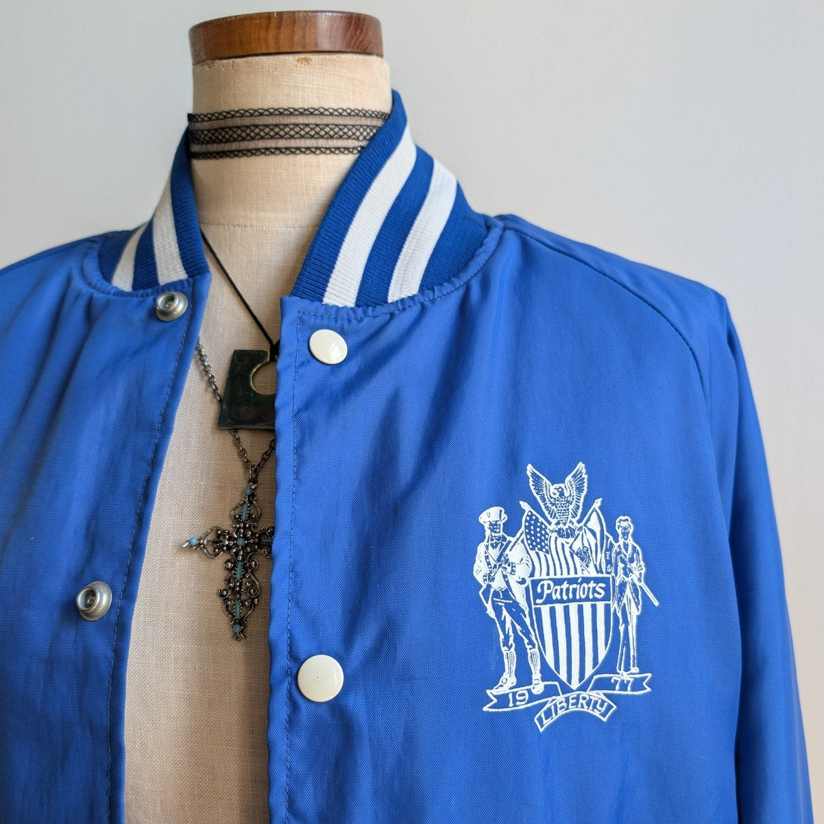 Vintage Blue Varsity Bomber Jacket Preppy Liberty Drill Team Sporty Coat Medium