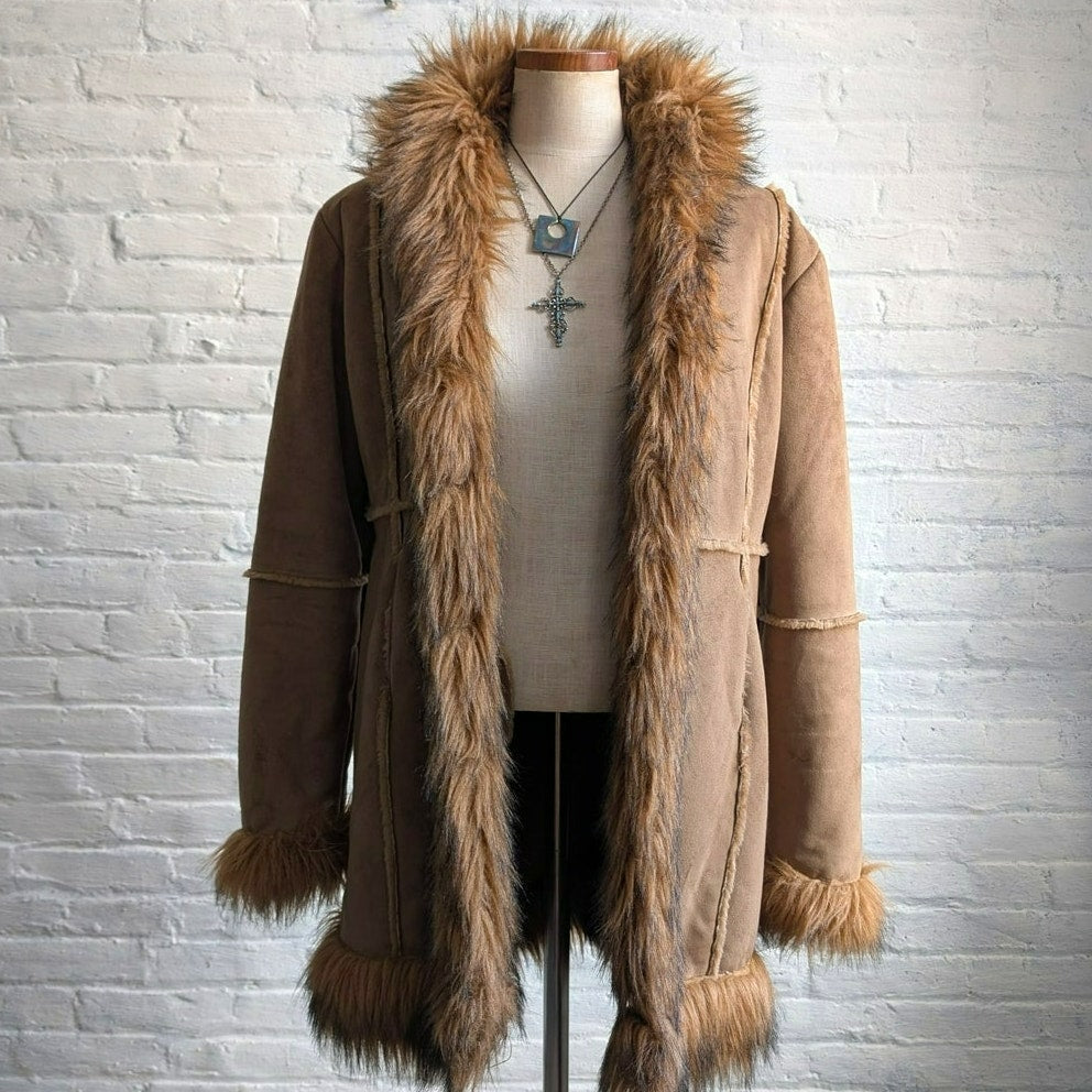 Y2K Vintage Brown Suede Penny Lane Jacket Faux Fur Fuzz Leather Boho Trench Coat