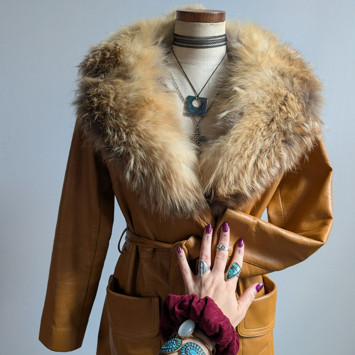 Vintage Mustard Leather Penny Lane Jacket Groovy Fur Trim 70s Trench Coat Medium