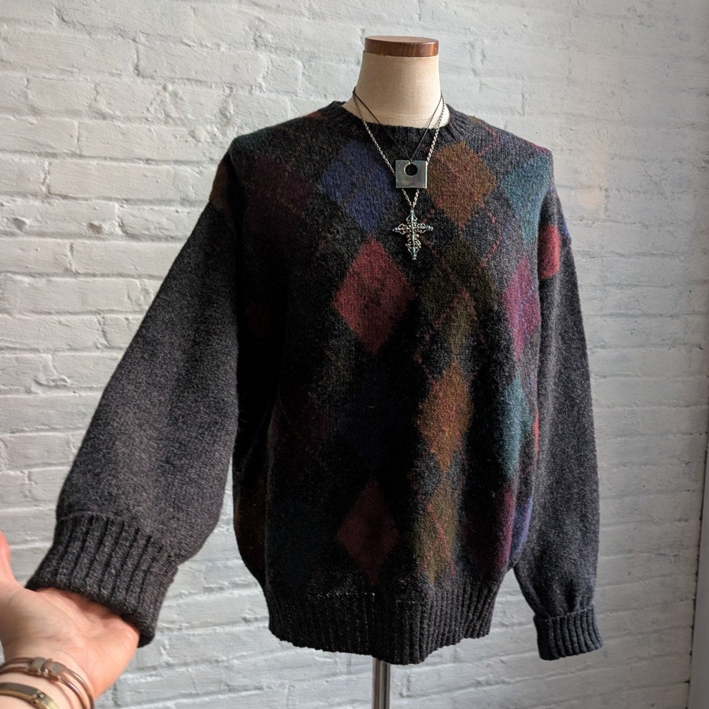 Vintage Grey Wool Knit Argyle Grandpa Sweater Grunge Cottage Dark Academia Top