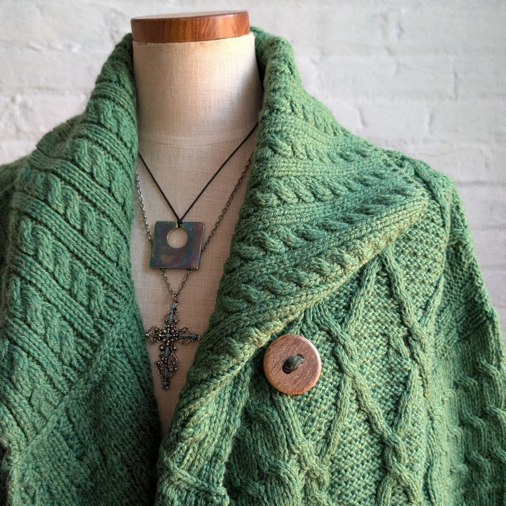 Vintage Green Wool Cable Knit Grandpa Sweater Minimalist Chunky Cardigan Top