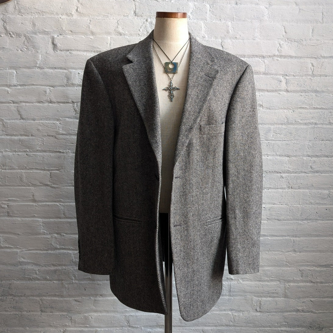 Vintage Wool Chevron Blazer Minimalist Preppy Jacket Chic Office Gray Coat Large
