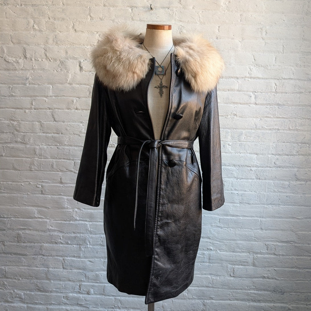 Vintage Black Genuine Leather Penny Lane Coat Fox Fur Trench Minimalist Jacket