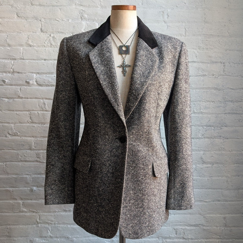 Vintage Gray Wool Blazer Tweed Herringbone Preppy Minimalist Velvet Jacket Large