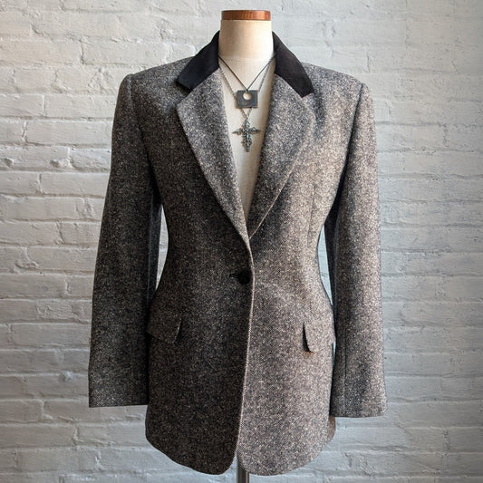 Vintage Gray Wool Blazer Tweed Herringbone Preppy Minimalist Velvet Jacket Large