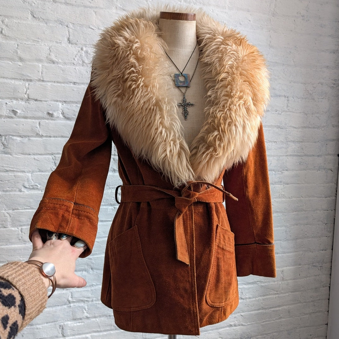 Vintage Orange Suede Penny Lane Jacket Groovy Furry Genuine Leather Trench Coat