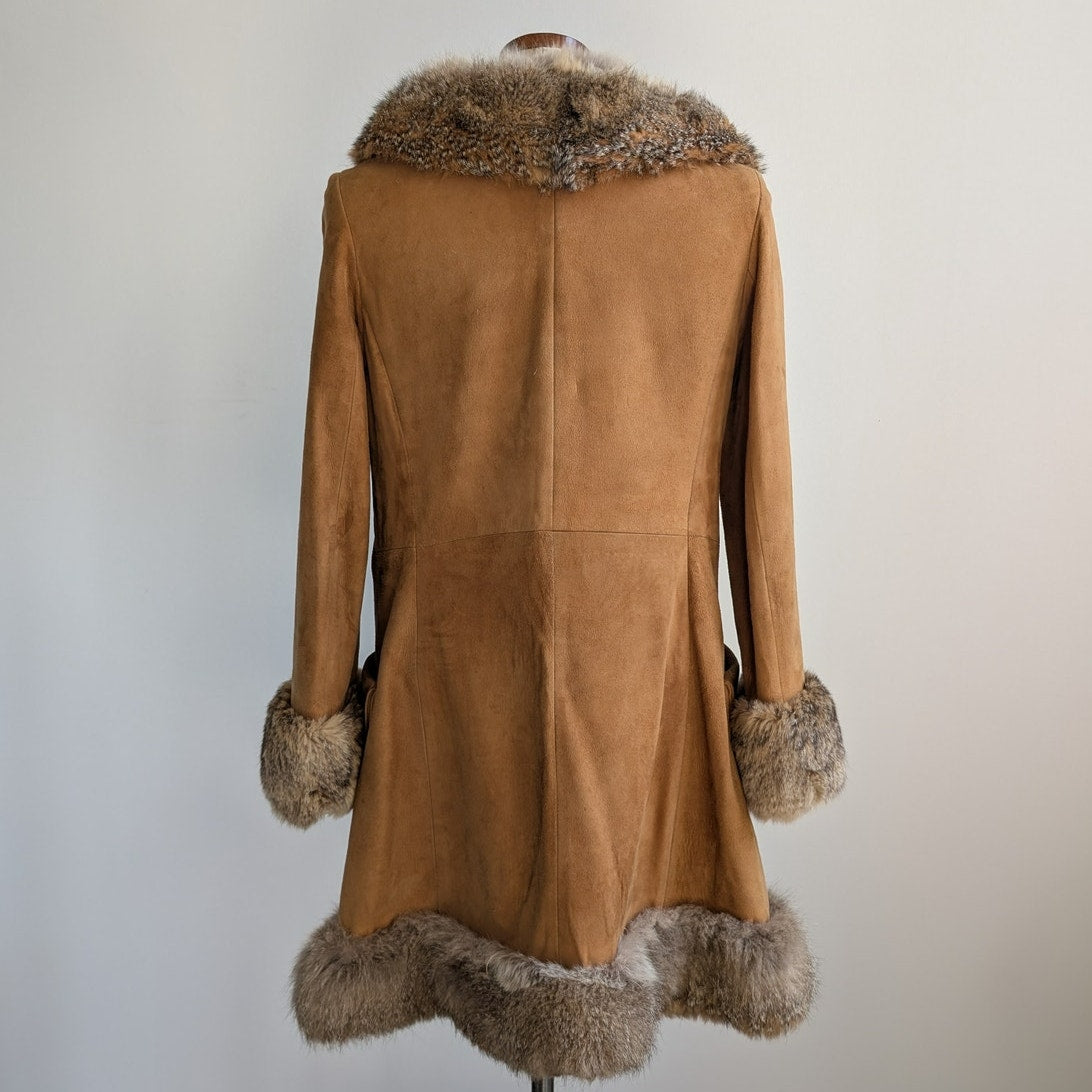 Vintage Brown Suede Fur Trim Penny Lane Jacket Furry Leather Trench Coat Medium