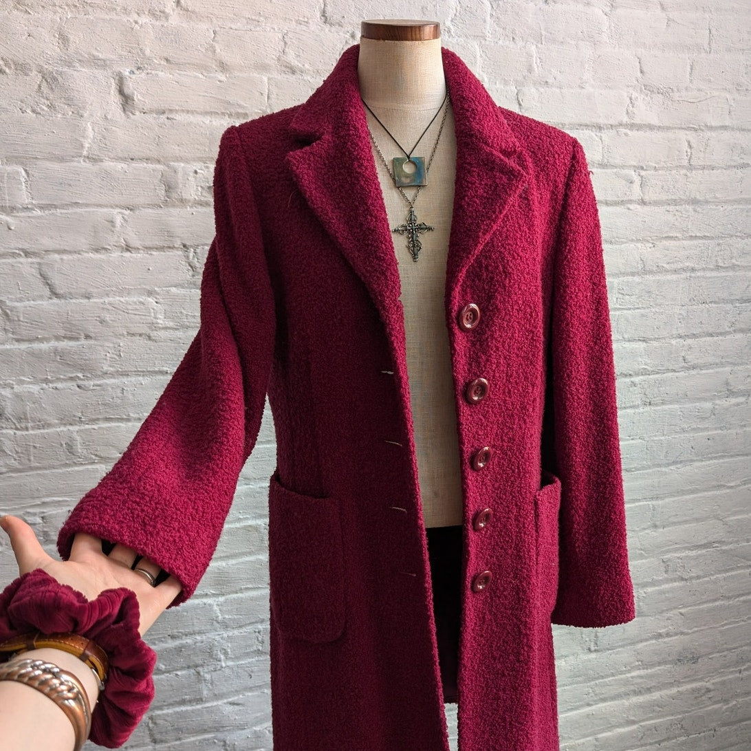 Y2K Vintage Red Trench Coat Boucle Knit Jacket Maroon Pink Wool Jacket Medium