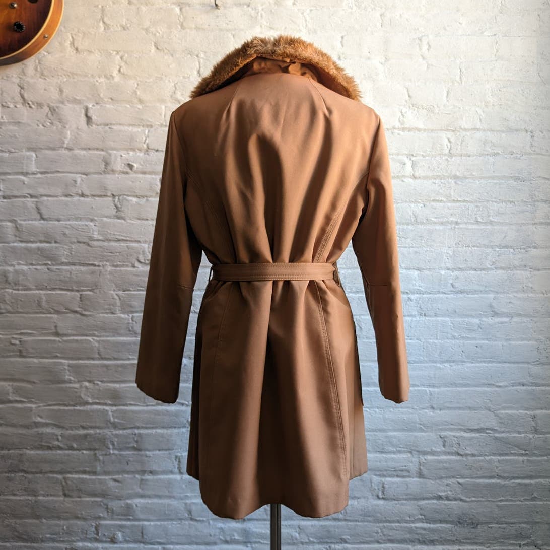 70s Vintage Faux Fur Brown Penny Lane Trench Coat Groovy Minimalist Chic Jacket