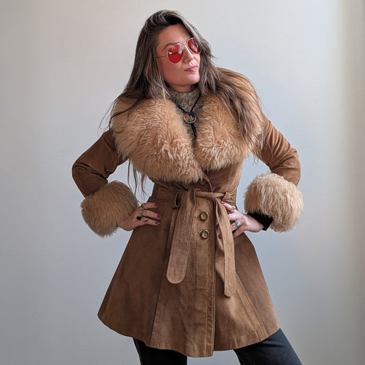 Vintage Brown Suede Fur Coat Boho Tan Leather Penny Lane Jacket Fur Trim Small