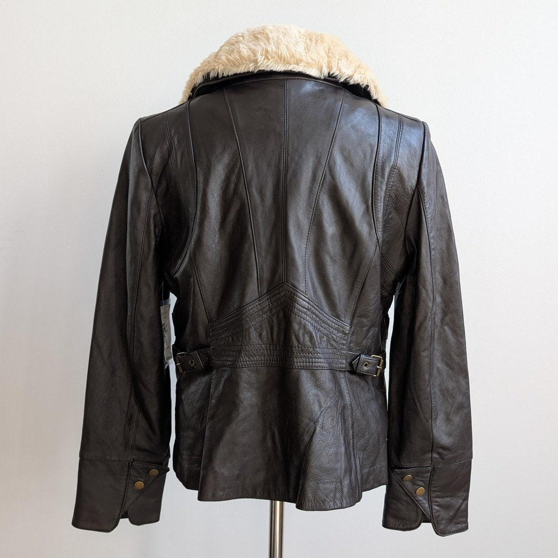 Vintage Brown Leather Jacket Faux Fur Lambskin Moto Chic Biker Bomber Coat Large