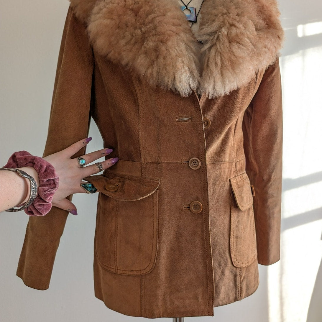 Vintage Brown Leather Coat 70s Suede Penny Lane Jacket Boho Chic Neutral Small