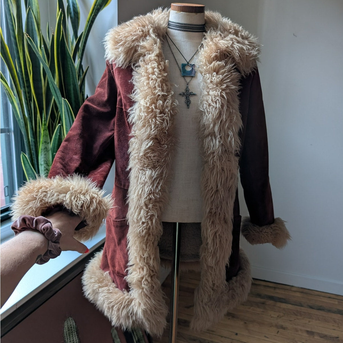 Vintage Red Suede Jacket Leather Penny Lane Coat Fur Trim 70s Trench Coat Small