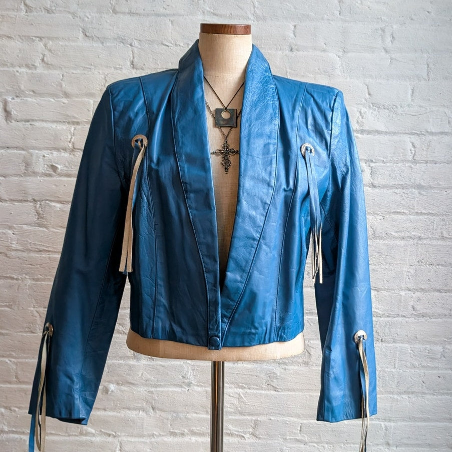 70s Vintage Cropped Fringe Leather Jacket Moto Biker Jacket Western Blue Medium