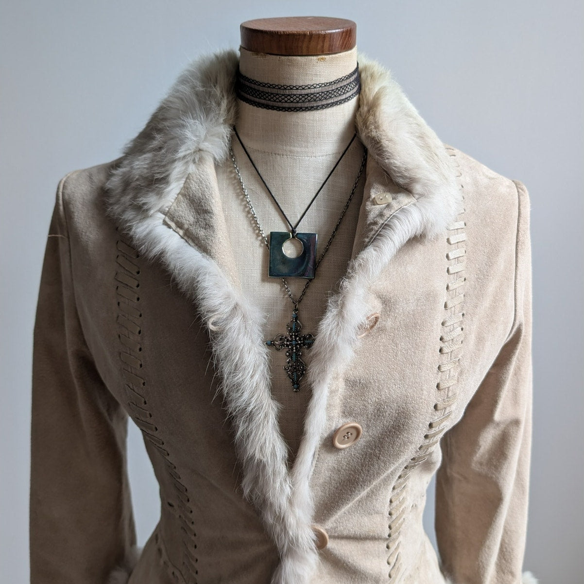 Vintage Tan Suede Penny Lane Coat Neutral Leather Fur Trim Boho Chic Coat Small