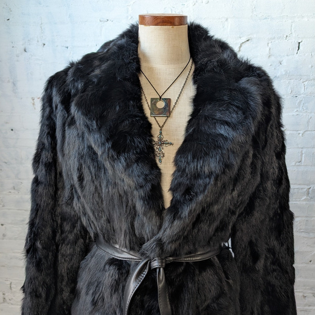 Vintage Jet Black Fur Coat Leather Belted Minimalist Rabbit Furry Fuzzy Jacket