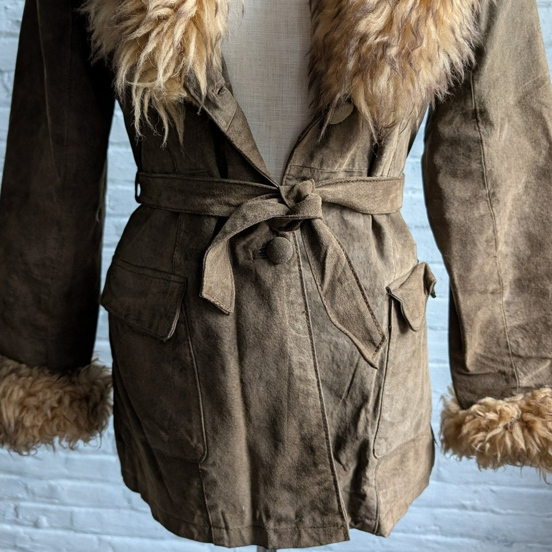 Vintage Brown Suede Penny Lane Jacket Fur Furry Leather Groovy Mod Trench Coat