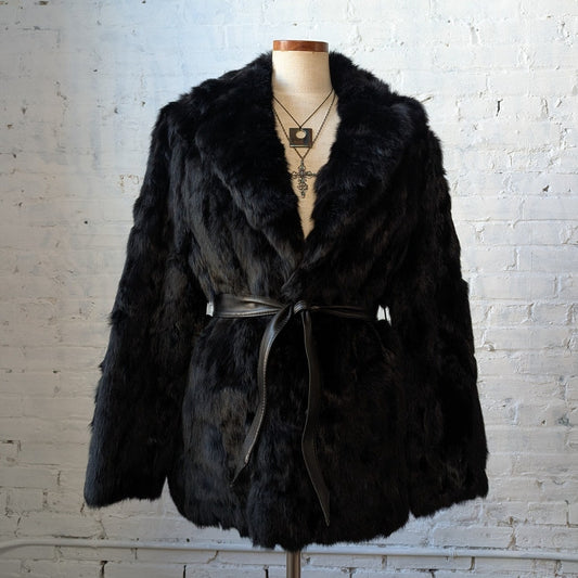 Vintage Jet Black Fur Coat Leather Belted Minimalist Rabbit Furry Fuzzy Jacket