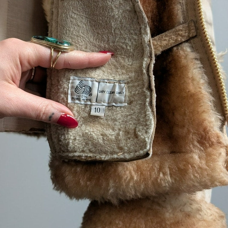 Vintage Tan Suede Shearling Coat Brown Wool Jacket Boho Chic Fur Coat Hood XS