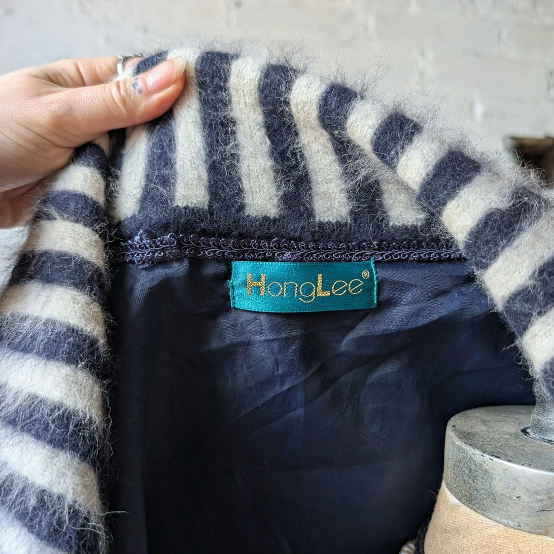 Vintage Blue Stripe Knit Sweater Jacket Furry Mohair Cardigan Granny Coat Medium