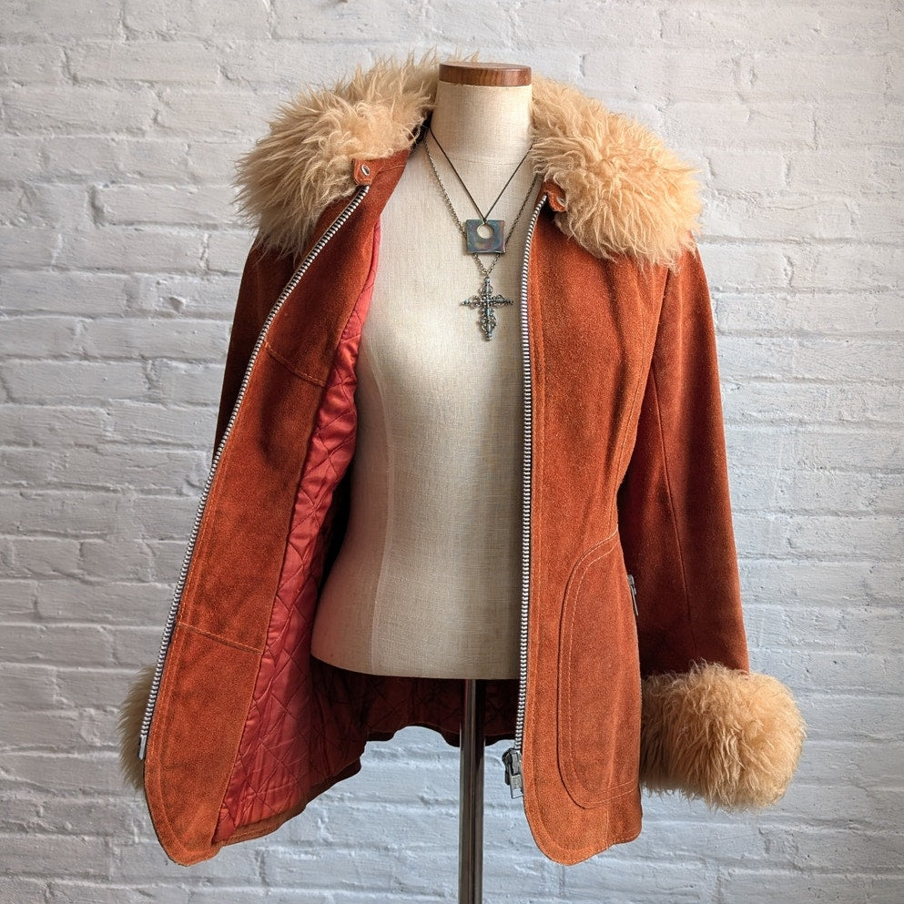 Vintage Orange Suede Penny Lane Jacket Groovy Furry Genuine Leather Western Coat