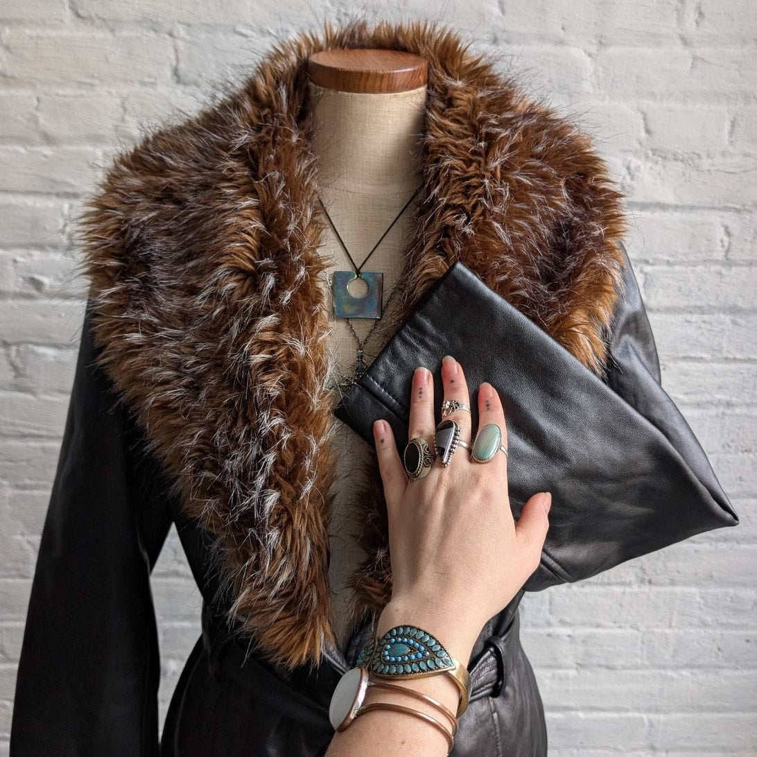 Vintage Black Minimalist Leather Fur Coat Penny Lane Chic Goth Furry Moto Jacket