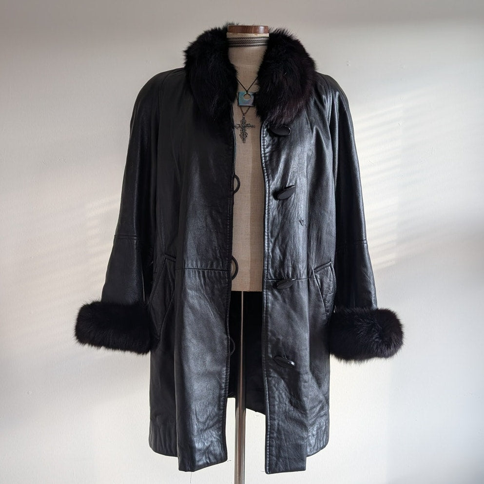 Vintage Black Leather Penny Lane Jacket Fur Trim Goth Afghan Trench Coat Small