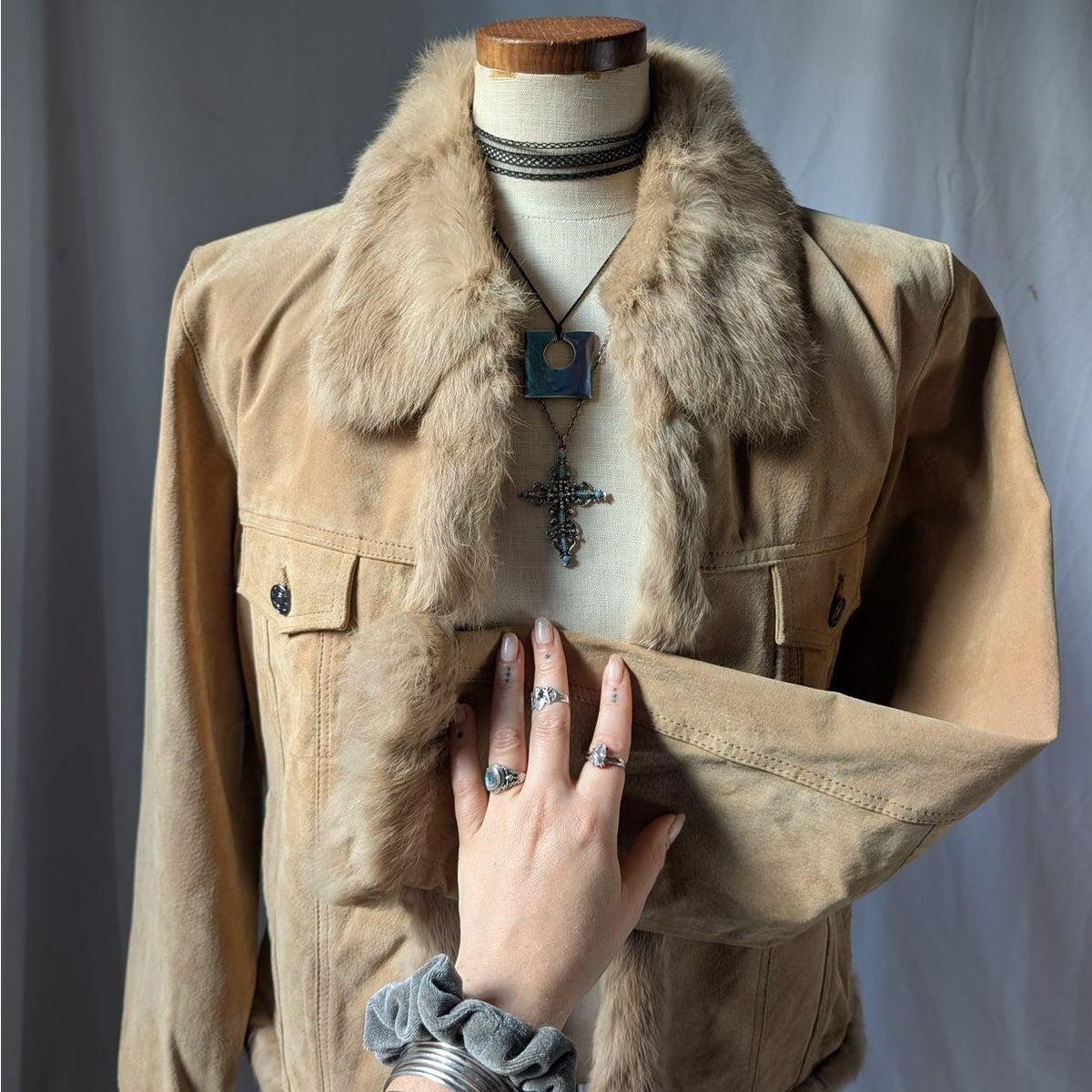 Y2K Vintage Suede Fur Trim Coat L Cropped Neutral Leather Penny Lane Jacket Boho