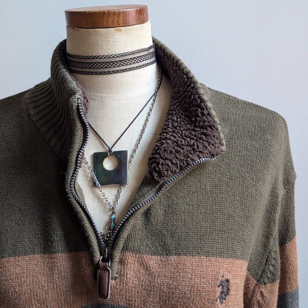 Vintage Green Striped Knit Sweater Earthy Minimalist Grunge Preppy Fleece Large