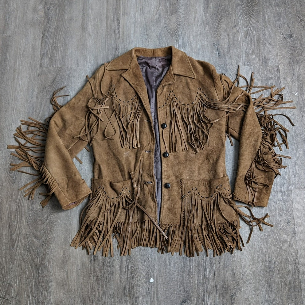 Vintage Brown Suede Fringe Jacket Classic Western Cowboy Genuine Leather Coat