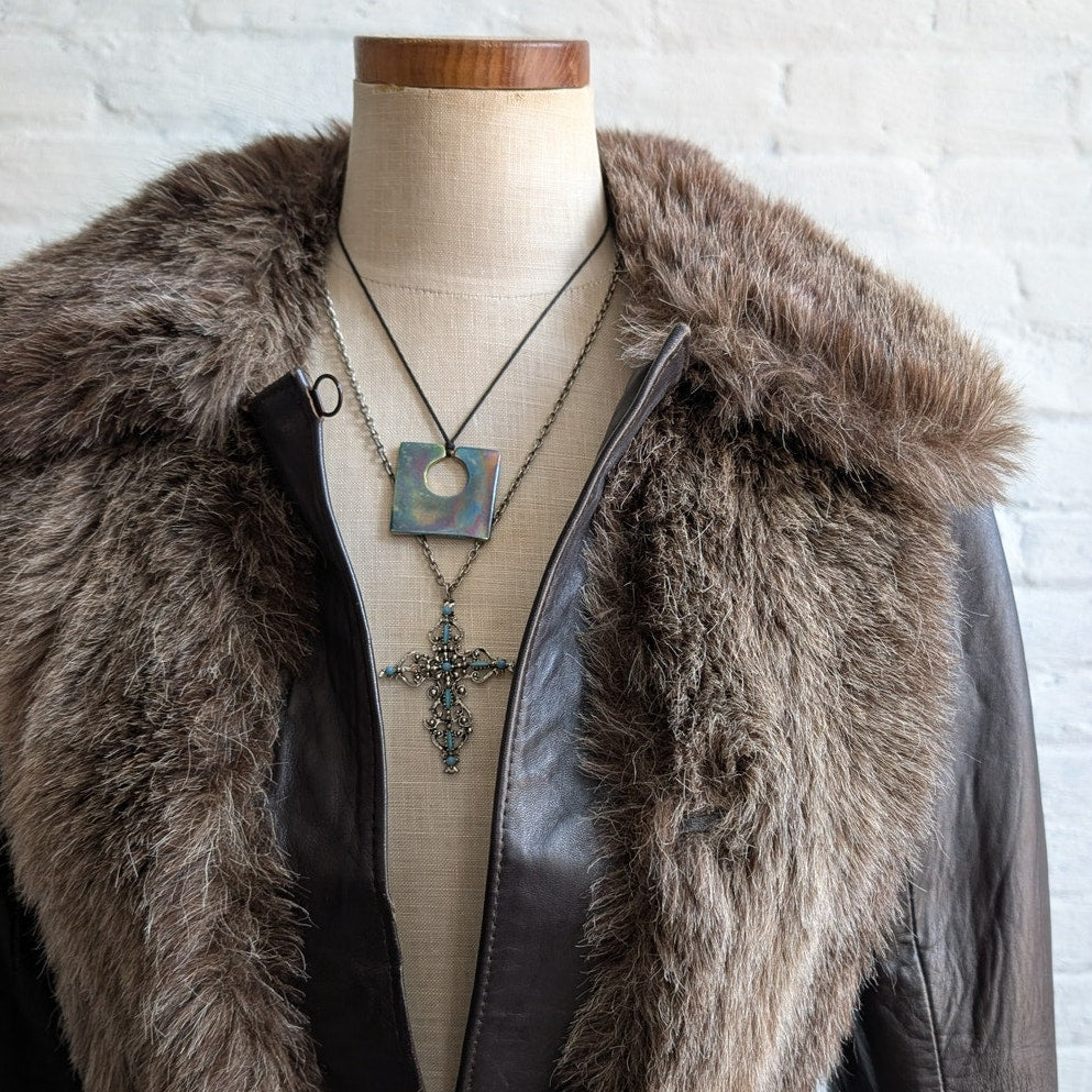 70s Vintage Black Brown Leather Penny Lane Coat Faux Fur Groovy Boho Moto Jacket