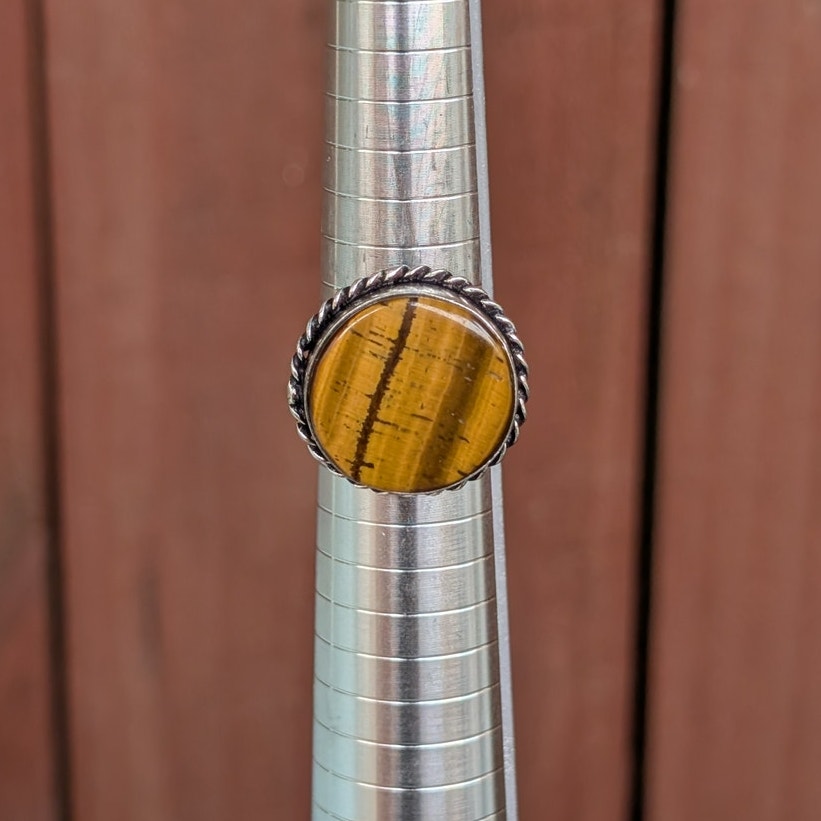 Golden Brown Tigers Eye Boho Statement Ring Round Silver Vintage Groovy Sz 8.75