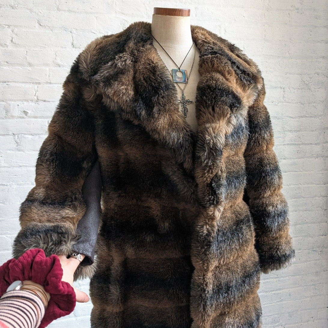 Vintage Ombre Faux Fur Coat Trench Shaggy Faux Leather Groovy Glam Plush Jacket
