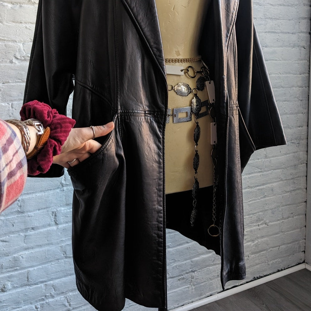 Vintage Minimalist Black Leather Duster Chic Baddie Biker Moto Goth Trench Coat