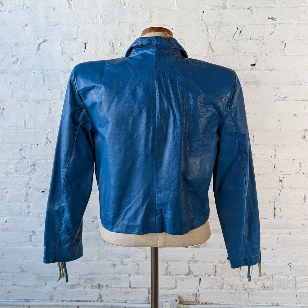 70s Vintage Cropped Fringe Leather Jacket Moto Biker Jacket Western Blue Medium