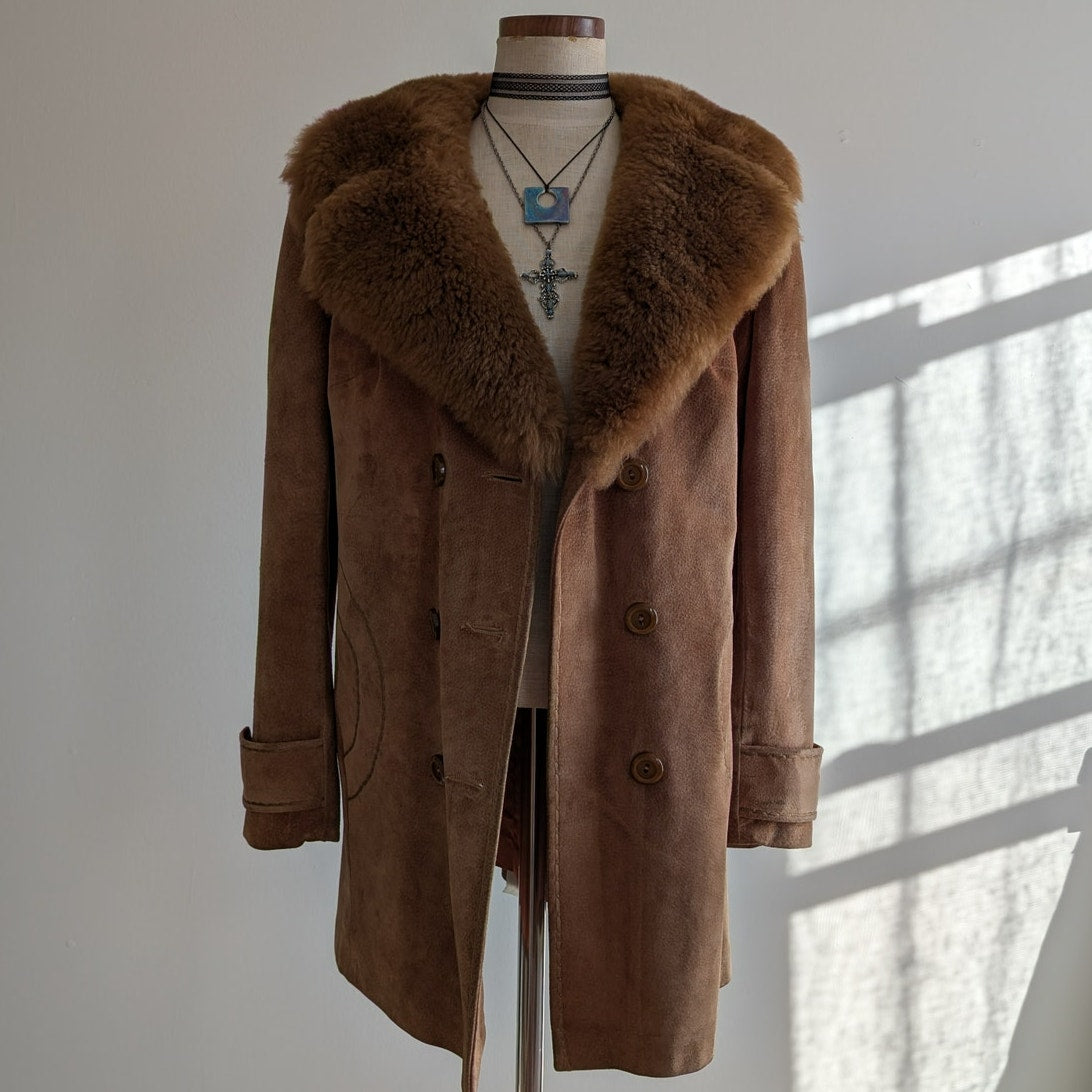 Vintage Brown Suede Penny Lane Coat Fur 70s Leather Jacket Boho Afghan Medium